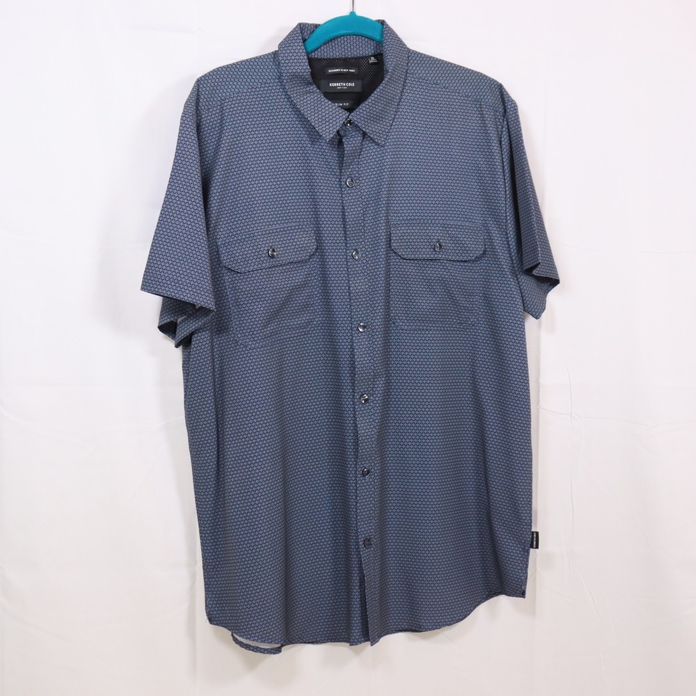 Kenneth Cole Button Down XL Blue Mens Slim Fit Geo Print Short Sleeve Shirt